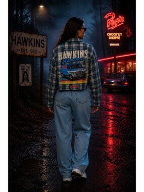 Stranger Things Women's Medium Cotton Cropped Flannel  Hawkins Hitmaker NWT
